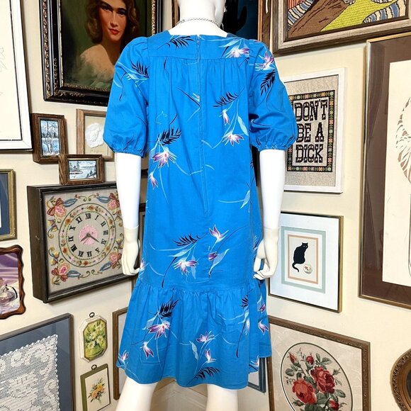 80s Vintage Royal Palm Blue and Purple Bird of Paradise Hawaiian Floral Dress S - Picture 3 of 5